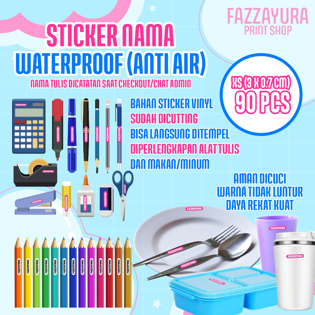 

[SIZE XS 3X0.7 CM = 90PCS] STICKER KOSTUM NAMA BARANG PERLENGKAPAN SEKOLAH/ALAT TULIS/PERLENGKAPAN MAKAN ANAK MASUK PONDOK, ANTI AIR AMAN DICUCI, TIDAK LUNTUR DAYA REKAT KUAT