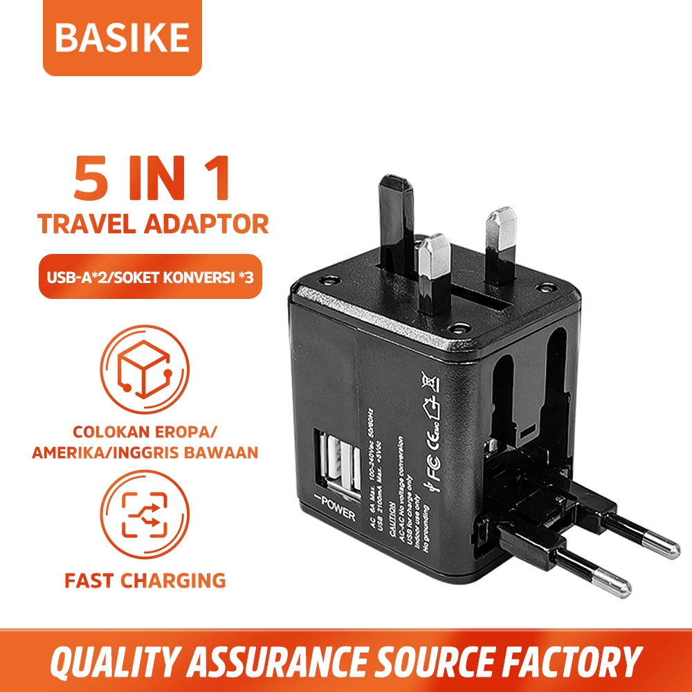 (HOT)BASIKE 5 IN 1 Travel Adaptor Soket Konversi Retractable Plug Stop Kontak 3 Lubang USB Type C