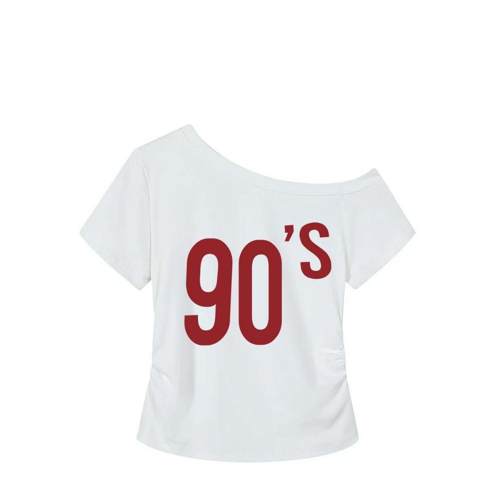 American retro "Angka Besar 90" print Kaos Bahu terbuka Wanita Terbaru 2025|Asymmetrical Offshoulder