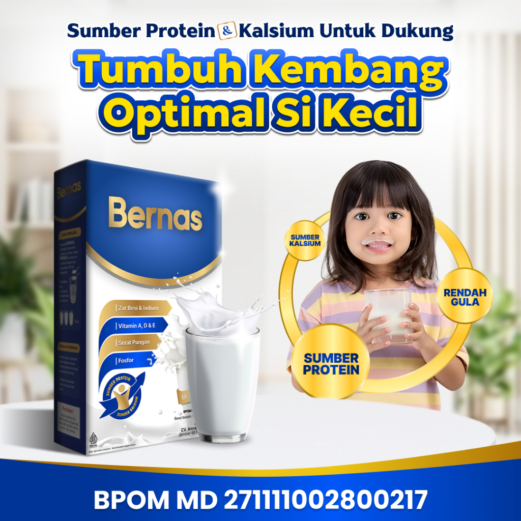 

BERNAS - Susu Sumber Protein Dan Kalsium, Fosfor, Vitamin A, D, E, Zat Besi, Rendah Gula | Isi 200 gram