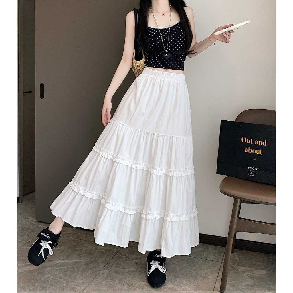 Rok Susun Tingkat 3 Wanita / Rok Panjang Warna Putih / Rok Muslimah Korean Style