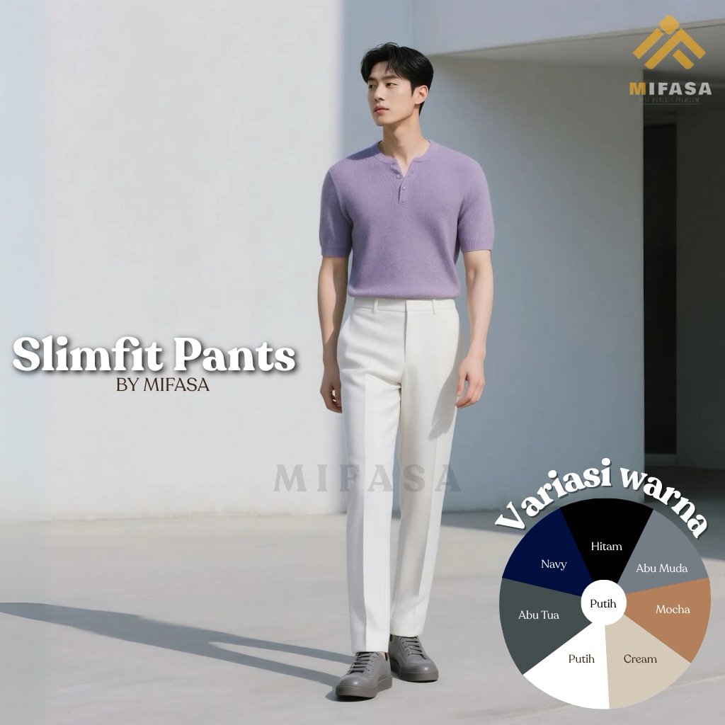 Mifasa.id | Celana Slim Fit Bahan Pria putih - Model Terbaru |  Panjang 100cm | Semi Woll Premium