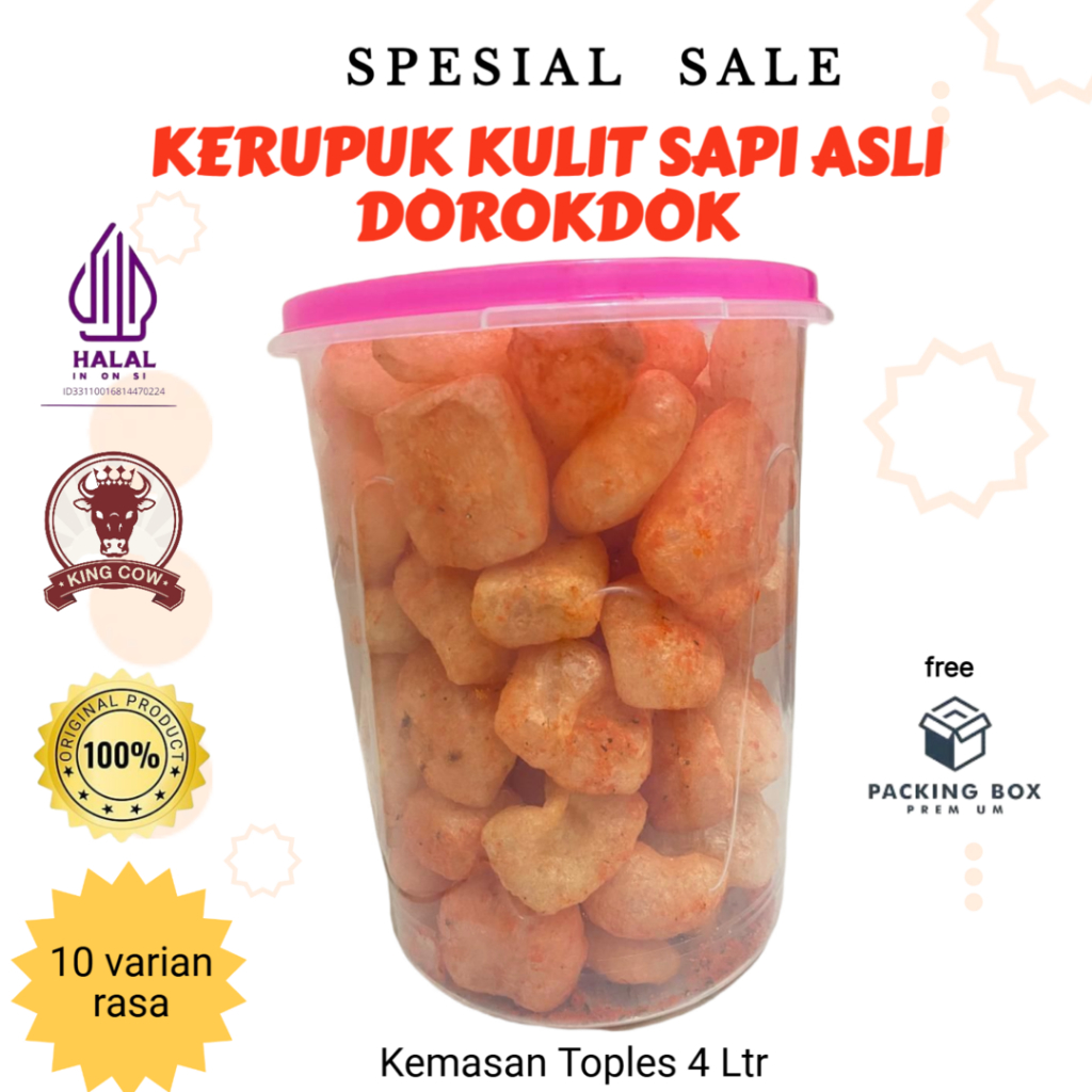 

Kerupuk Rambak Kulit Sapi Asli, Kemasan Toples 4 ltr, 9 Varian rasa, Food halal, camilan Dorokdok