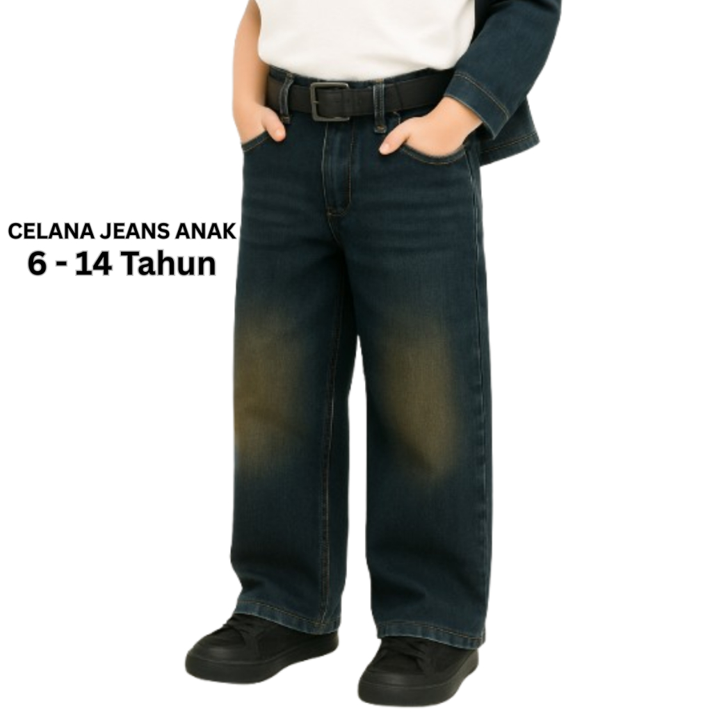 ROCKSED Celana Jeans Anak 6-14 Tahun Baggy Straight Gombrong Kekinian Model Korean Style Wishker Y2k