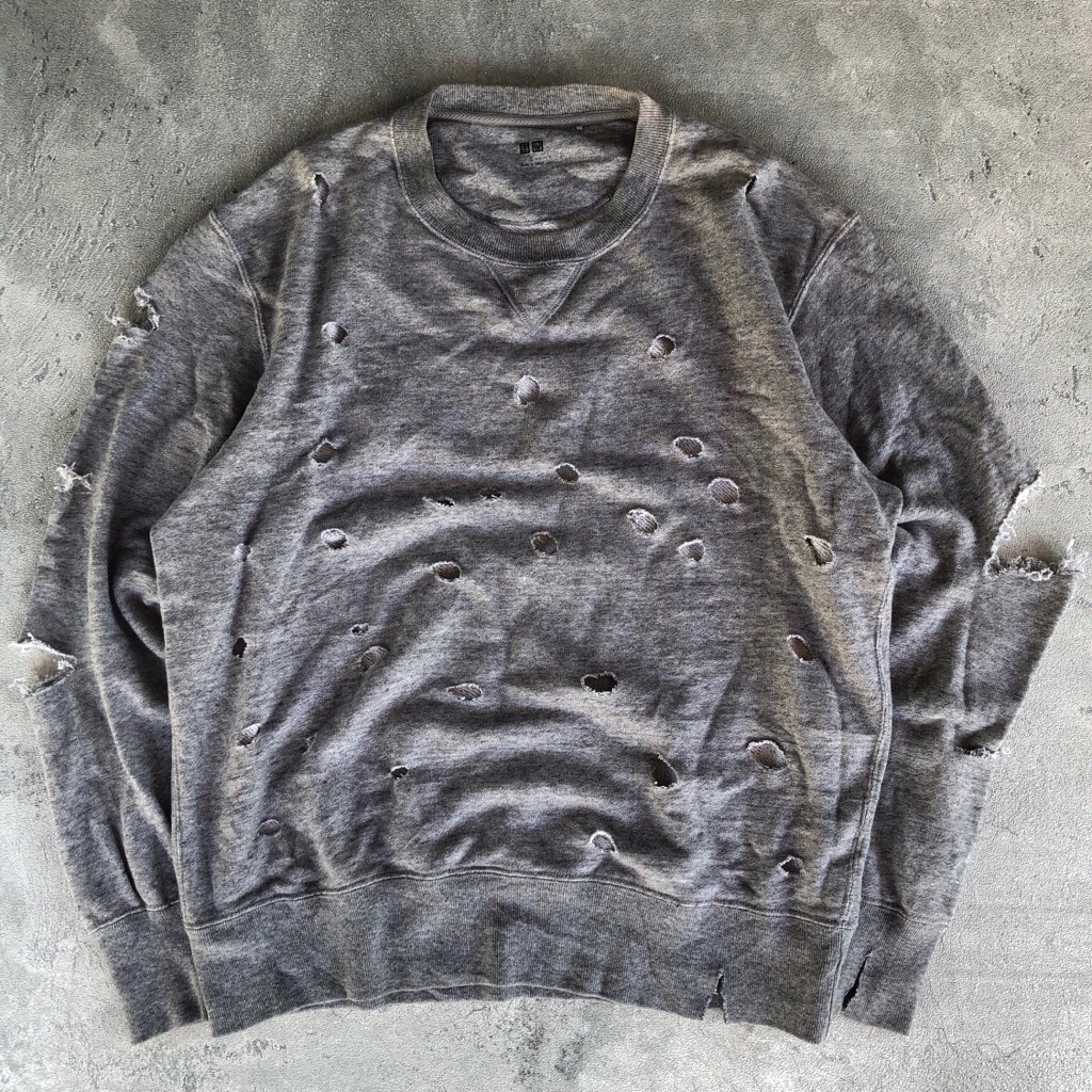 Uniqlo Divided Gray Ripped Distressed Sweater Destroyed