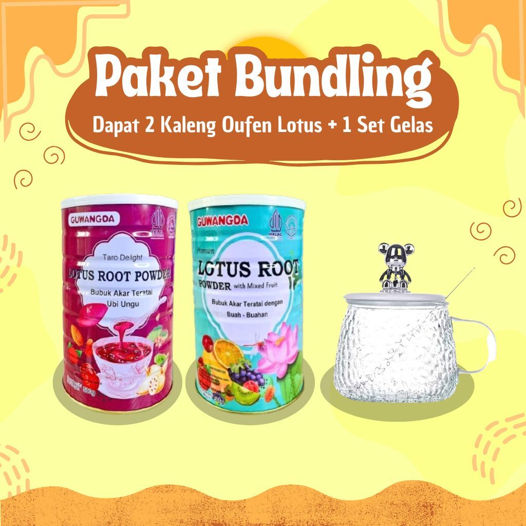 

Paket Bundling 2 Kaleng + 1 Set Gelas - Oufen Lotus Root Powder Teratai Ubi Ungu & Buah HALAL BPOP