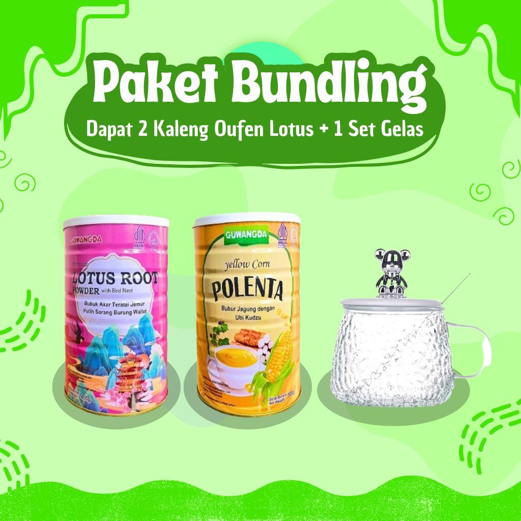 

Promo Paket Bundling 2 Kaleng + 1 Set Gelas-Oufen Lotus Root Powder Teratai Sarang Burung & Polenta
