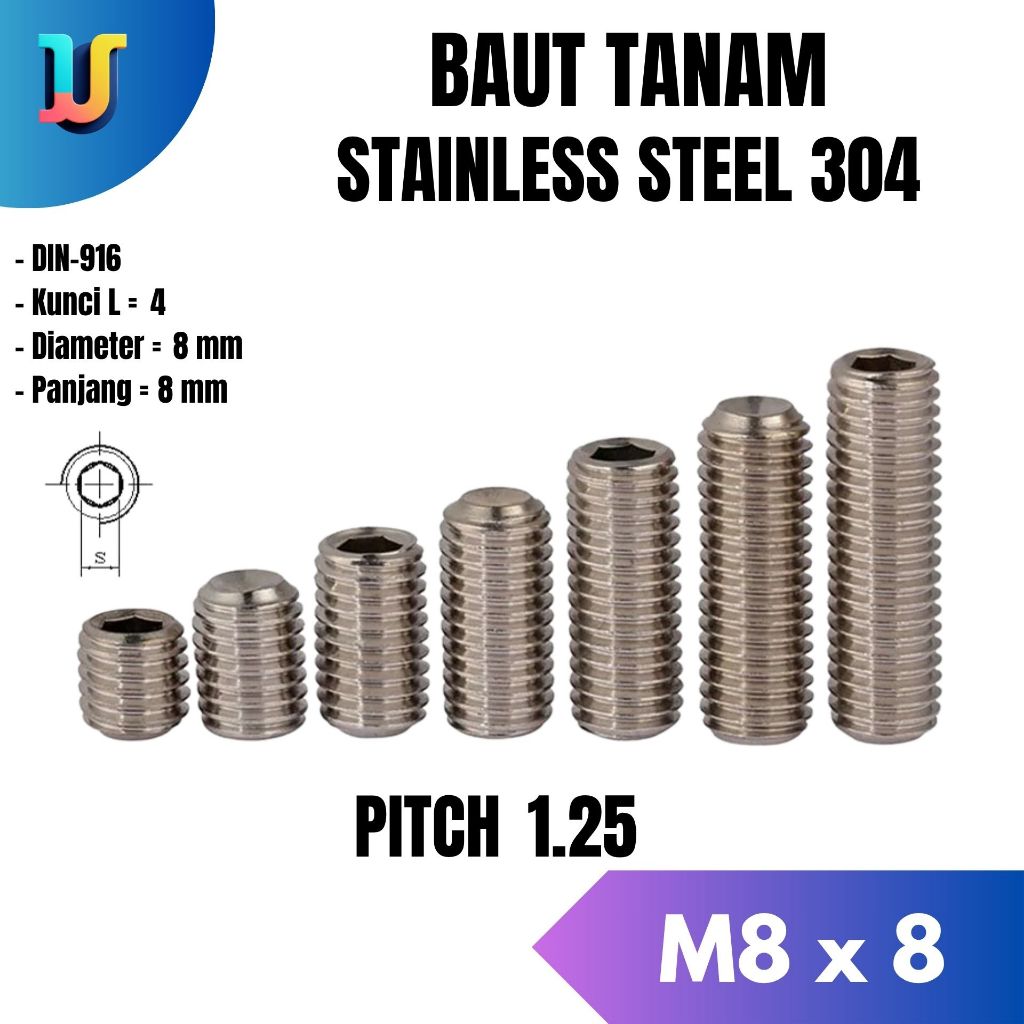 Baut Tanam L M8x8 Stainless / Baut Tanam L M8 x 8 SS304 / Hex Socket Set Screw M8x8 Allen Stainless 