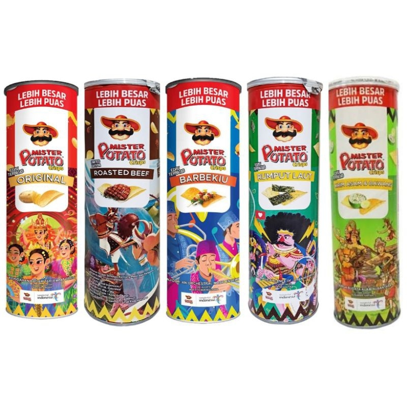 

Camilan Keripik Kentang / Chips Mr. Potato / Mister Potato Can 80 Gr Varian Seaweed / Rumput Laut, Keju Madu / Honey Cheese, Sapi Panggang / Roasted Beef, BBQ / Barbekiu, Original, Sour Cream & Onion / Krim Asam & Bawang