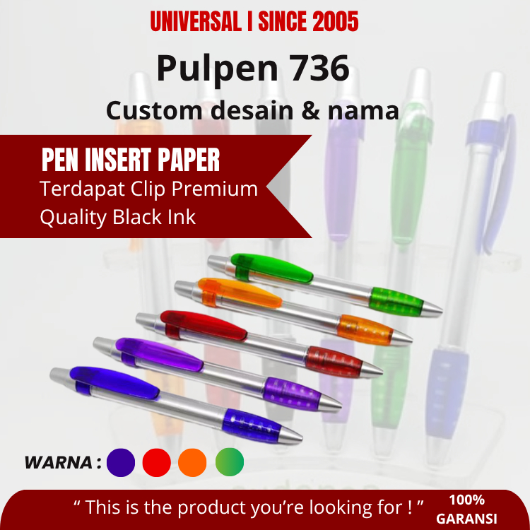 

Pulpen 736 Custom Desain & Nama Pulpen Plastik Souvenir Promosi 736 Bisa Custom Logo Tulisan (MIN ORDER 20 PCS)Pulpen Type 736 custom Murah FREE DESIGN