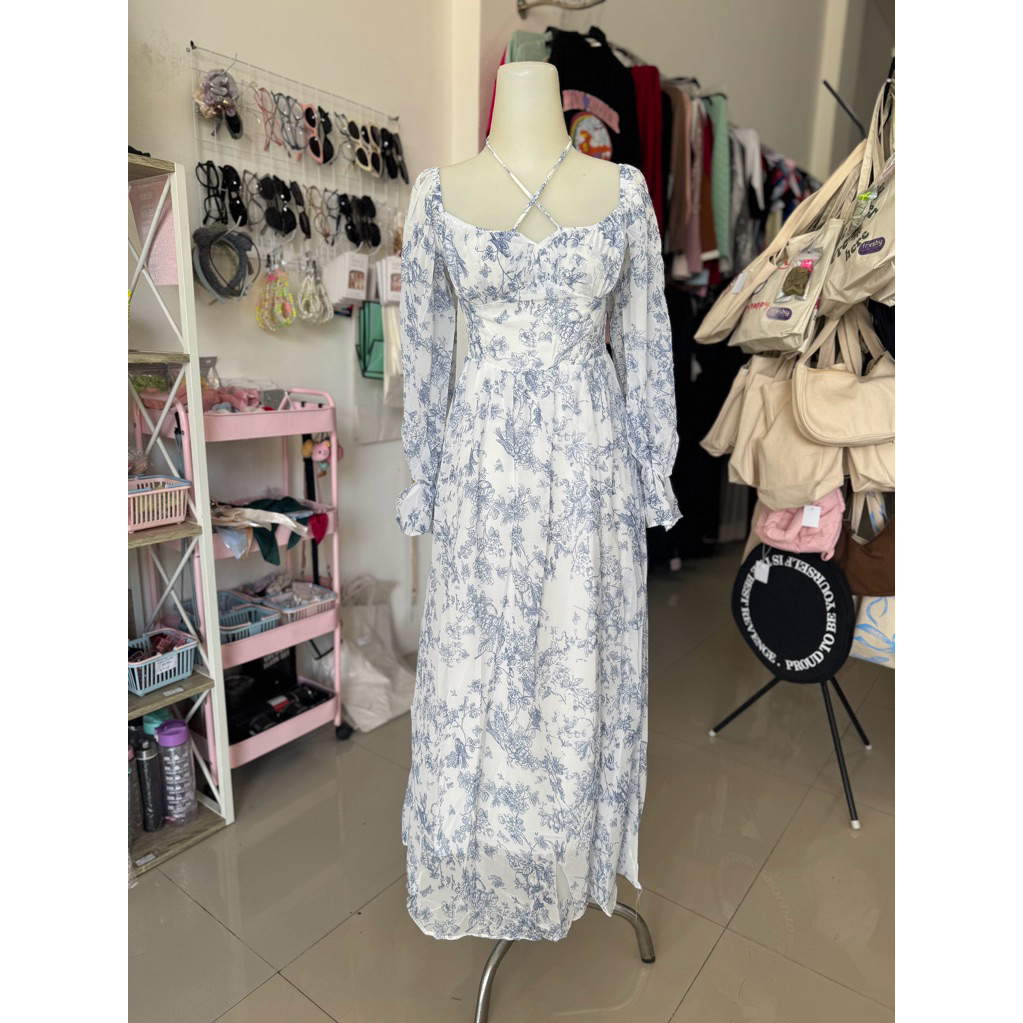 Dress Panjang soft blue sabrinna || Dress Pantai Korean style | Dress Bunga | Dress floral [ ready s