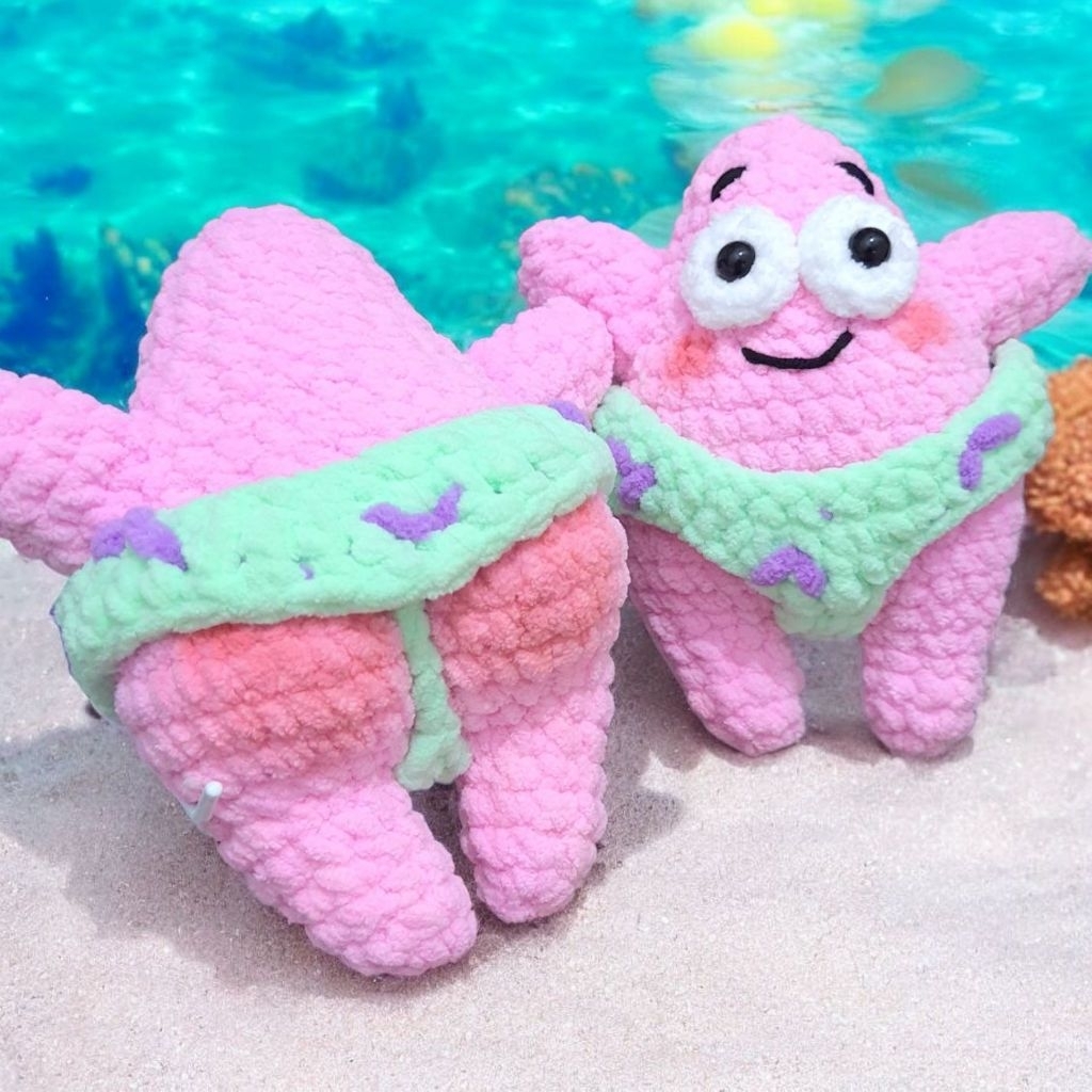 boneka rajut patrick star sexy butt, crochet amigurumi patrick star, bag charm patrick, gantungan pa