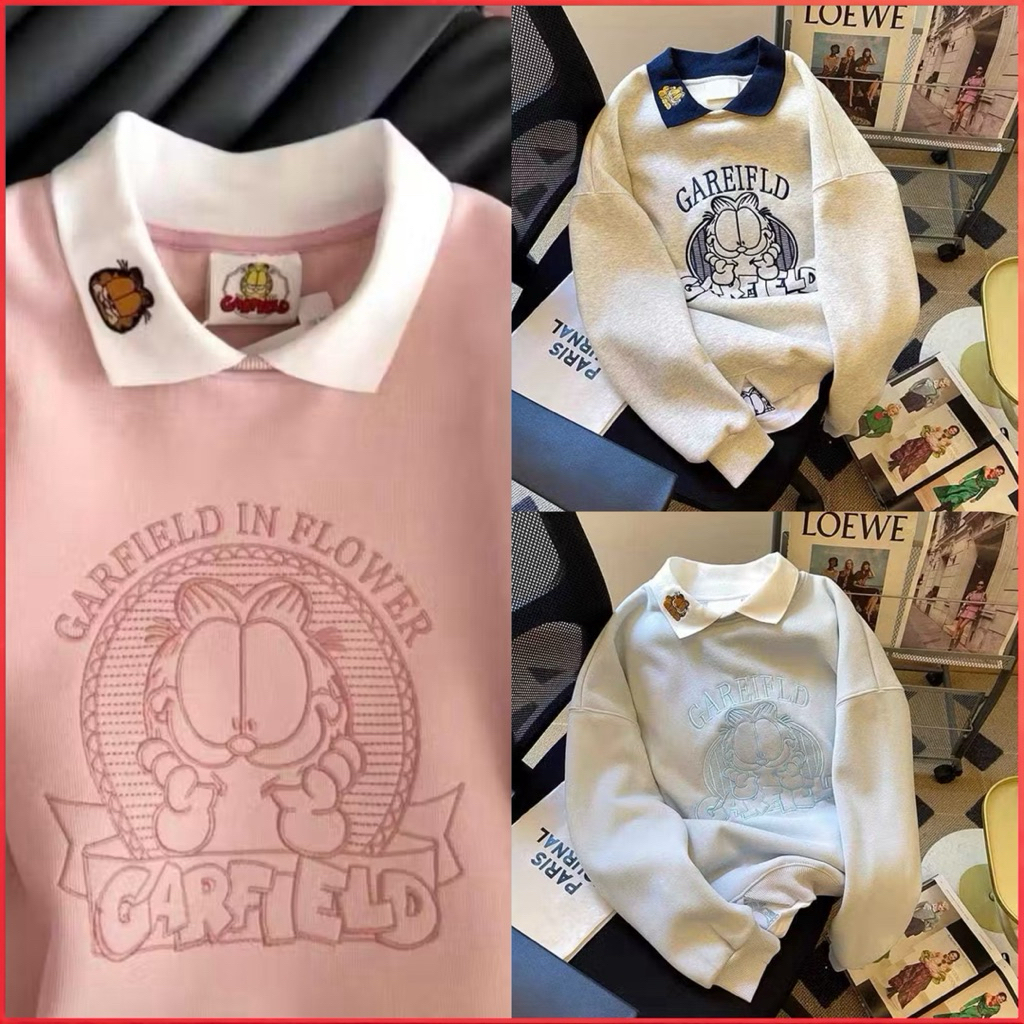 Pariroo Sweater Garfield Wanita Berkerah Kawaii Vintage | Atasan Korea Oversize Lengan Panjang | Swe
