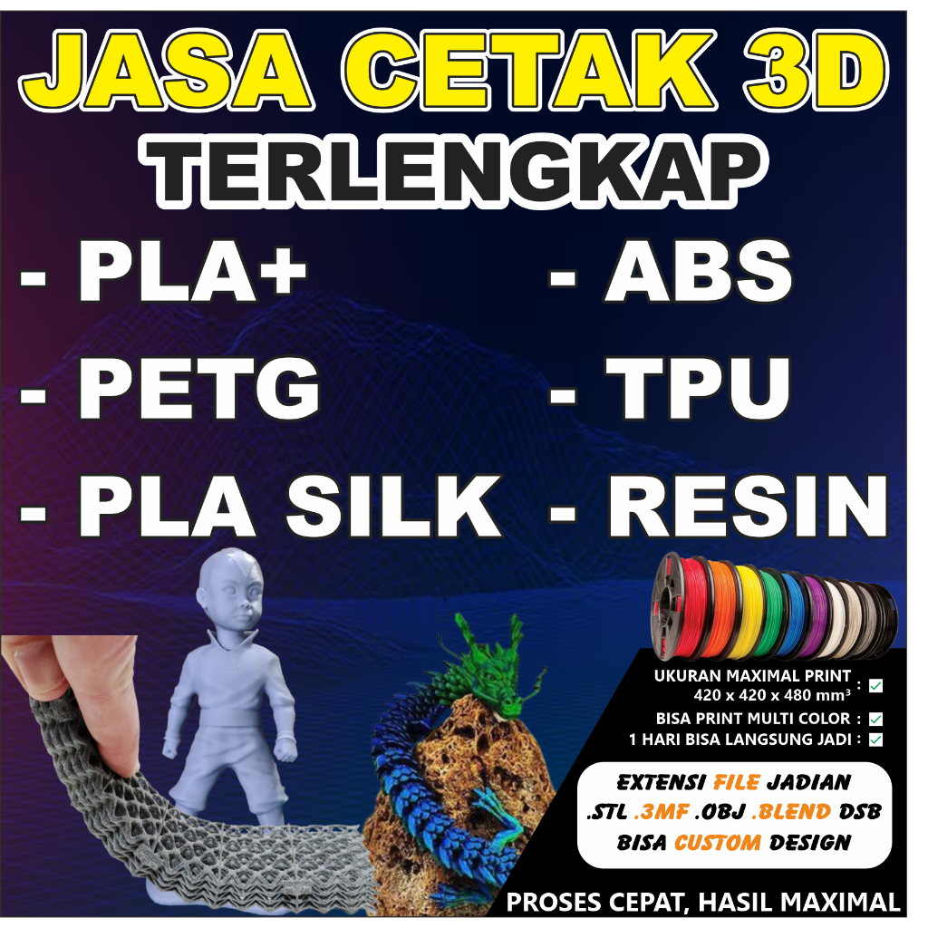 

Jasa Cetak 3D PLA+, ABS, PETG, SILK, RESIN, TPU Proses Cepat