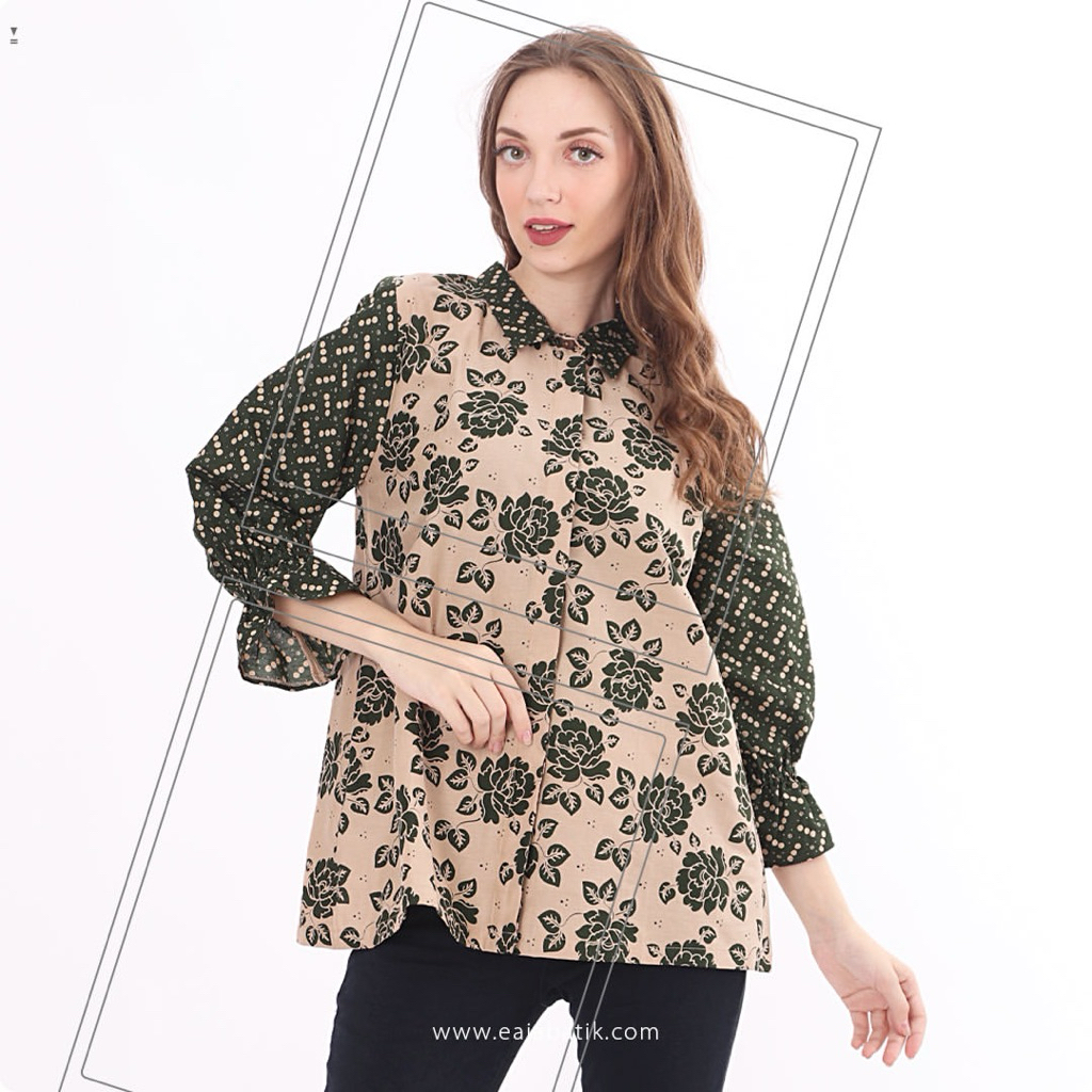 Batik Cataleya Atasan Wanita Blus Blouse Batik Kerja Kancing Depan Busui Friendly Katun Warna Hijau 