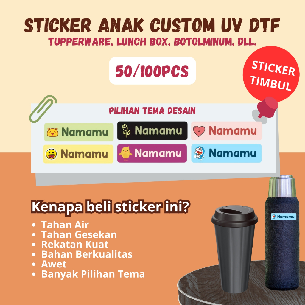 

100 PCS Sticker Custom Nama Stiker Piring Sendok Perabotan Waterproof timbul UV DTF