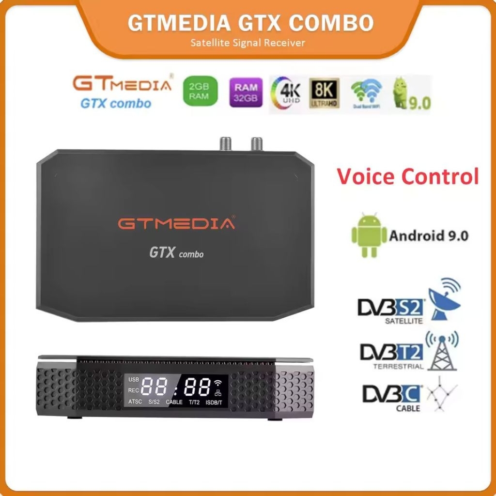 GTMEDIA GTX Combo TV Box 4K 8K Android 9.0+DVB-S2/T2/C2 2G+32G Support CA&CI Plus1.4, SATA-HDD, BT4.