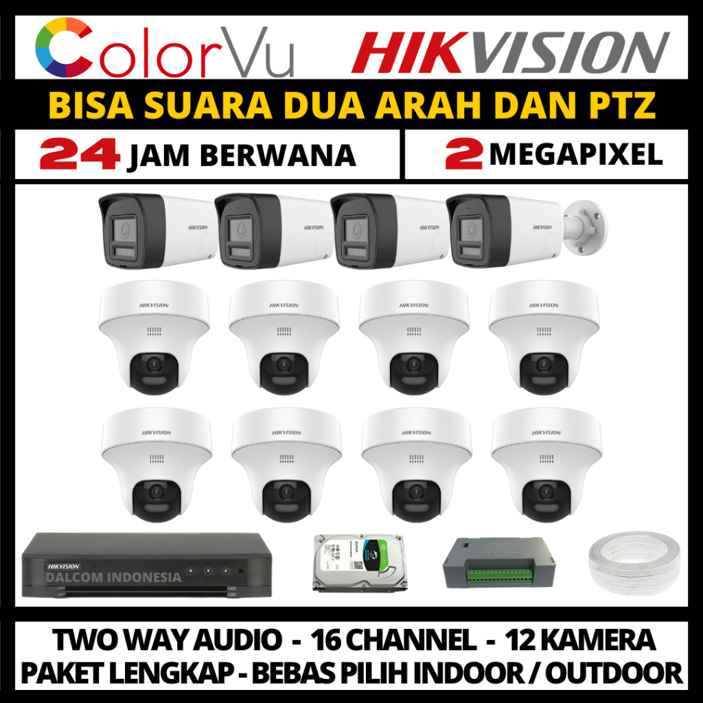 Paket cctv hikvision colorvu 2mp 16 channel 12 kamera two way audio paket cctv lengkap
