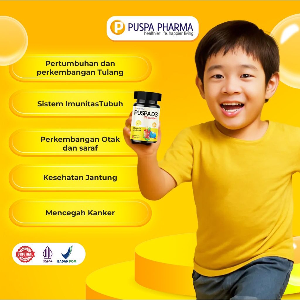 Puspa D3 Chewable 400 IU - Tablet Kunyah Rasa Jeruk - Memenuhi kebutuhan Vitamin D3 & tumbuh kembang