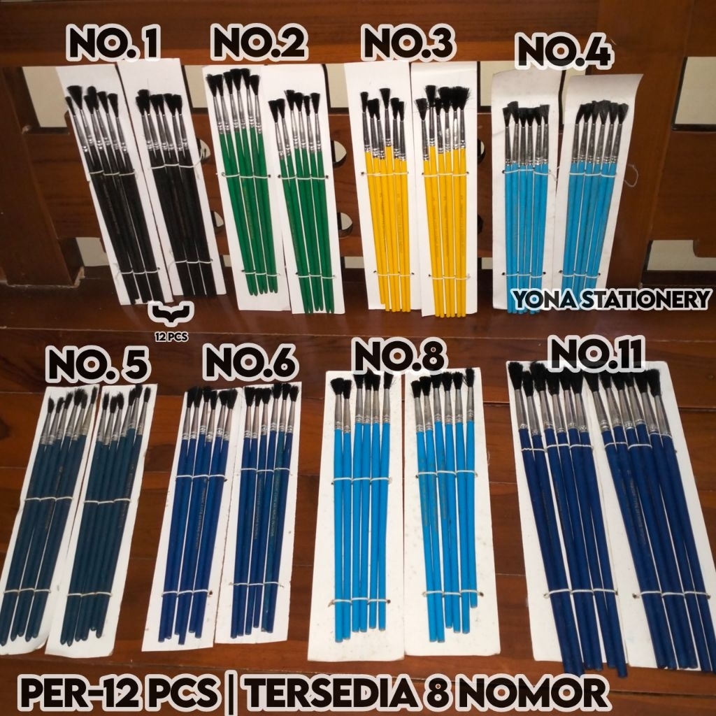 

Kuas Cat Air Aneka Nomor/Ukuran | 1 Pak: 12 Pcs | Tersedia 8 Nomor: 1,2,3,4,5,6,8,11 (Tiap Nomor Beda Ukuran)