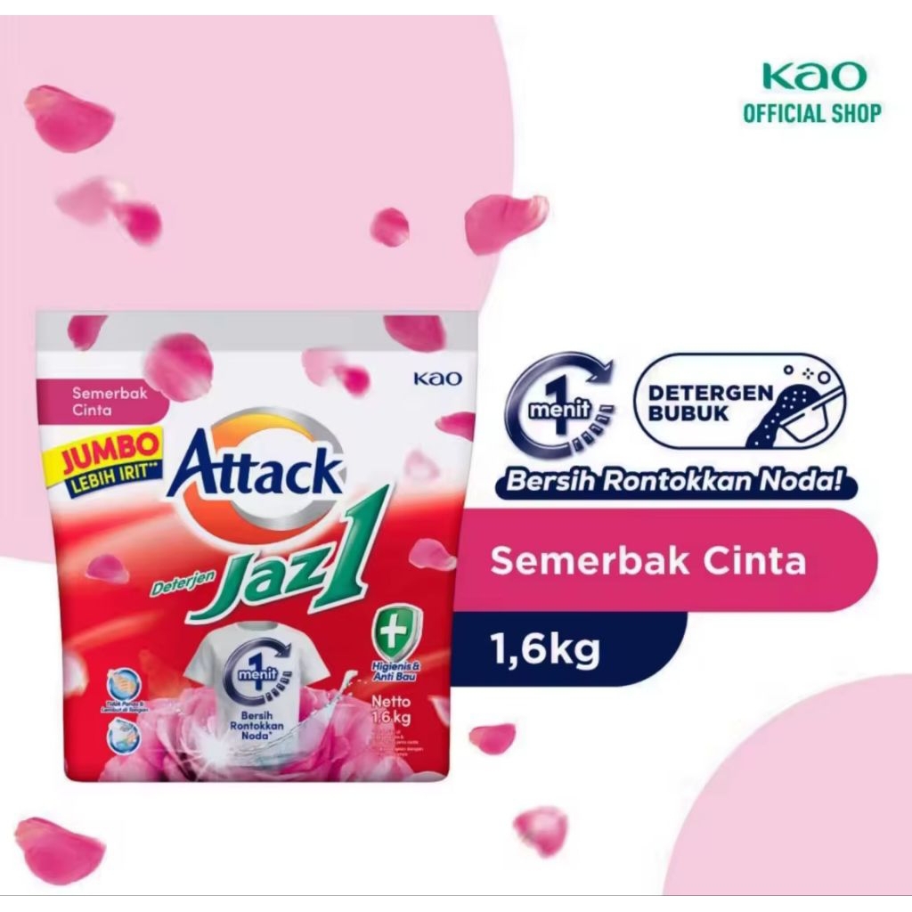 Attack Detergen Jazz 1 Jumbo 1.6KG | Deterjen Bubuk Wangi Tahan Lama & Lebih Irit Cuci Baju