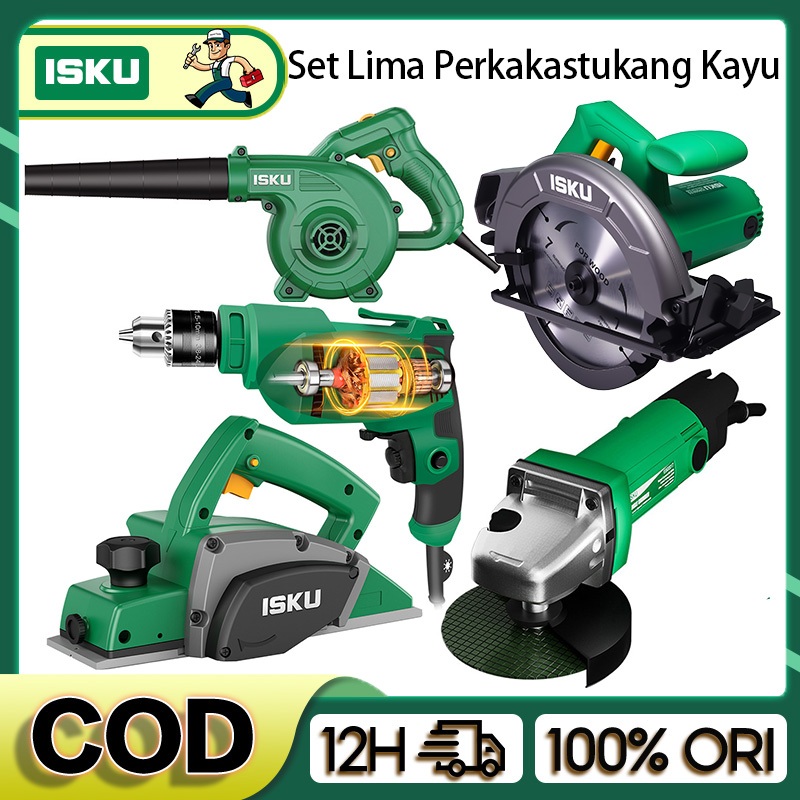 Set Lima Perkakas Paket Lima Mesin Perkakas Kayu dan Logam: Serut, Gergaji, Gerinda, Bor, dan Blower