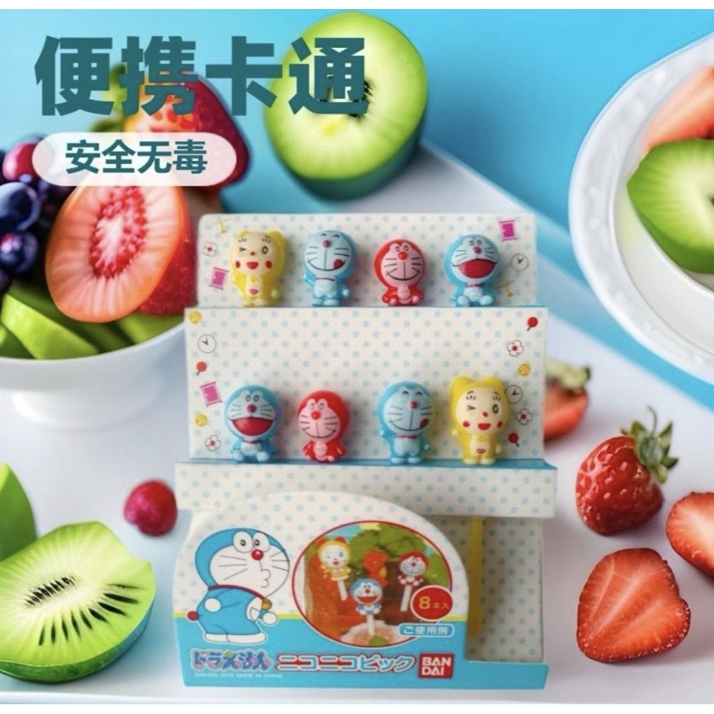 TERBARU  1 set Full 8 pc DORAEMON Tusukan Bento Tools Garpu Buah FoodPicks Dekorasi Japan