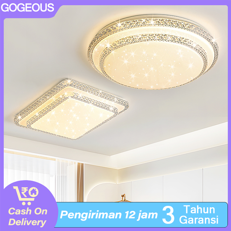 Lampu Plafon Kristal LED Persegi Dua lapisa 36/48 Watts 3 Warna Lampu Gantung Ruang Tamu Lampu Plafo
