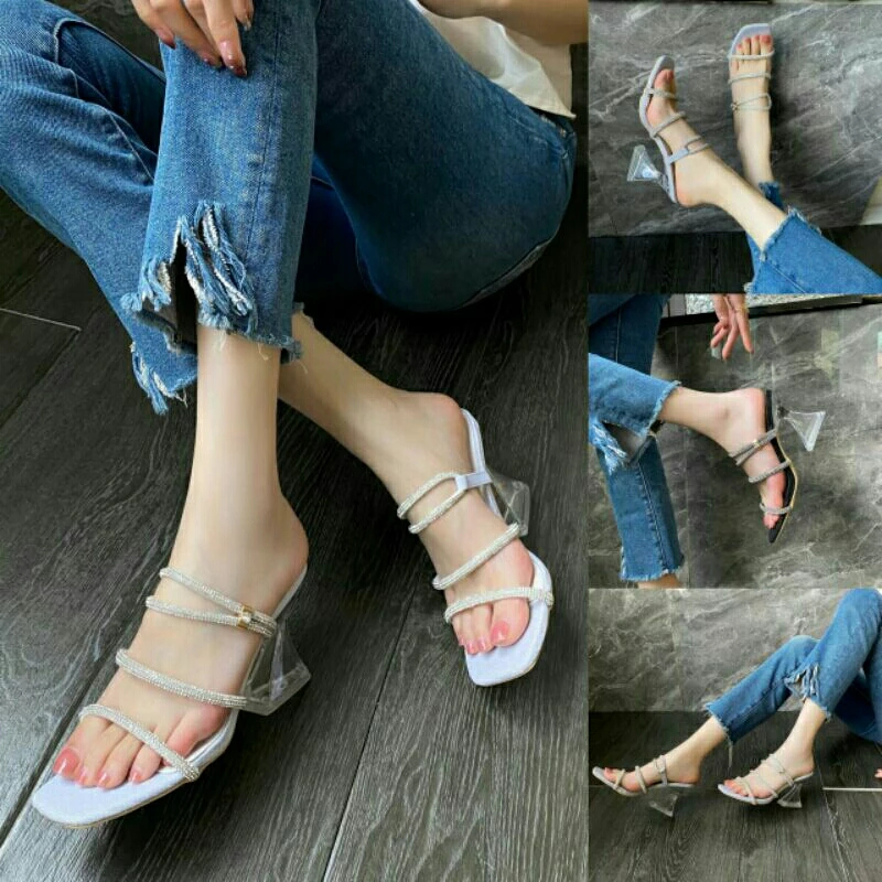 Sandal High Heels Kristal Berkilau Baru, 3.5 Inci Hak Kaca, Fashionable dan Cocok untuk Pesta
