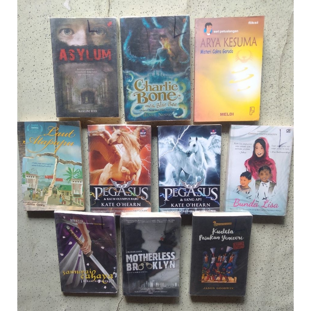Buku Novel Fiksi; ASYLUM, ARYA KESUMA, PEGASUS, CHARLIE BONE, SAMURAI CAHAYA, THE QUEEN Of The SOUTH