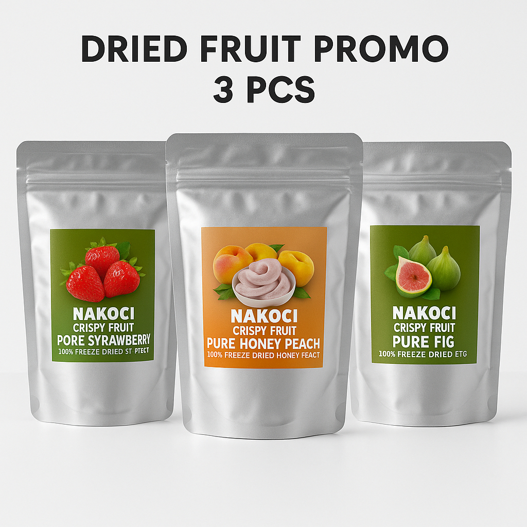 

PAKET HEMAT 3 PCS / 50GR Freeze Dried Fruit Nakoci Snack Buah Kering Crispy Fruity Buah Tin Strawberry Mangga Honey Yellow Peach 50gr