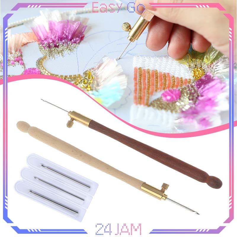 Set Alat Jarum Payet India Gagang Kayu Jarum Pasang Payet Alat Payet India Dan 3pcs Jarum Embroidery
