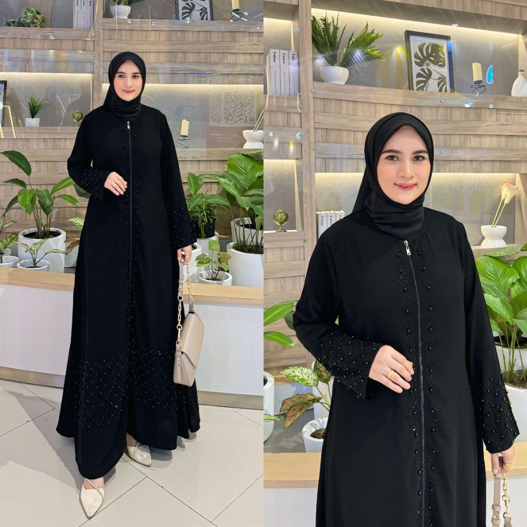 Gamis Abaya black Zipper hitam wanita muslim Premium Jetblack