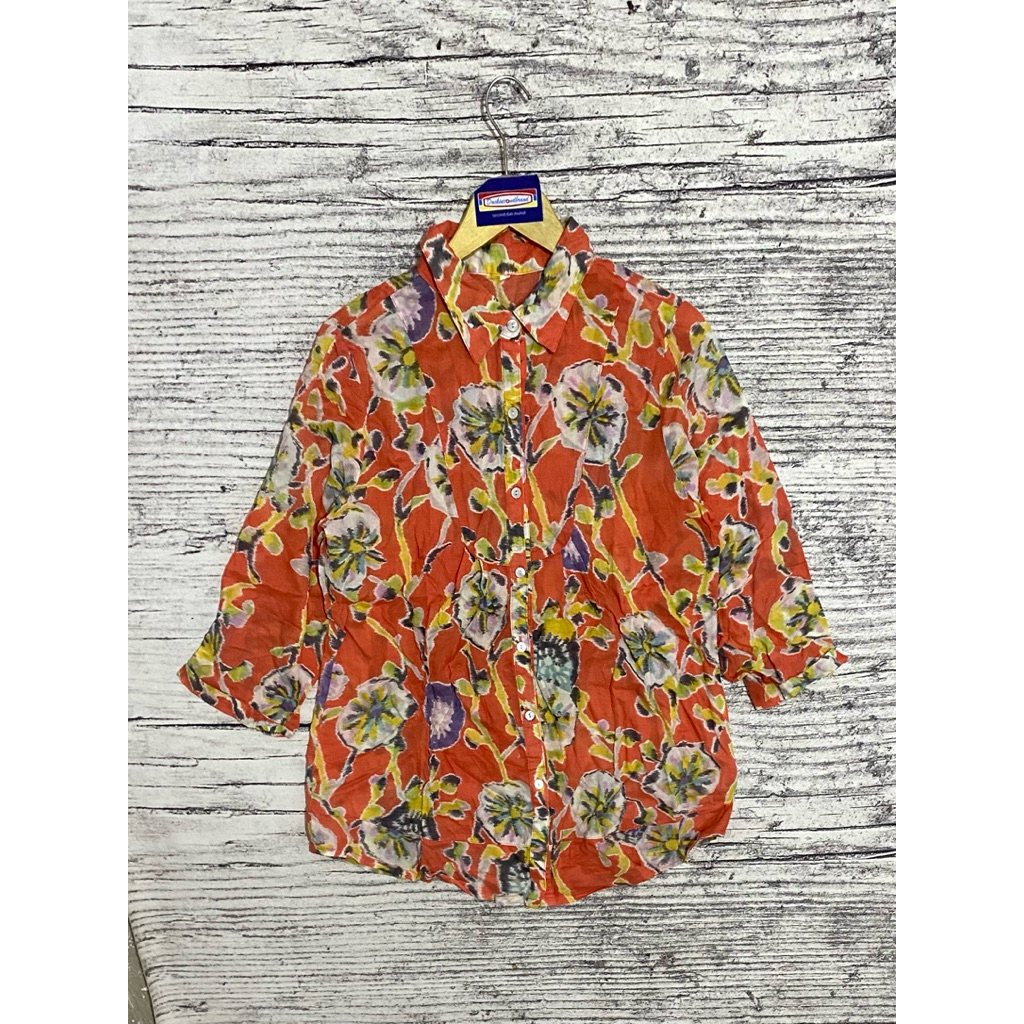 Kemeja shirt blouse blus atasan baju wanita cewek perempuan motif art bunga pantai orange fashion se