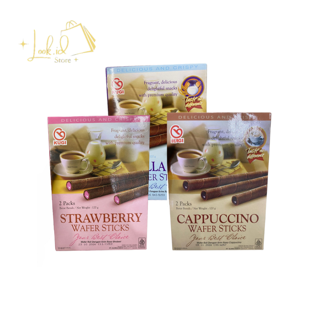 

Kugi Wafer Stick Coklat Vanila Strawberry Cappuccino Wafer Roll 120gr