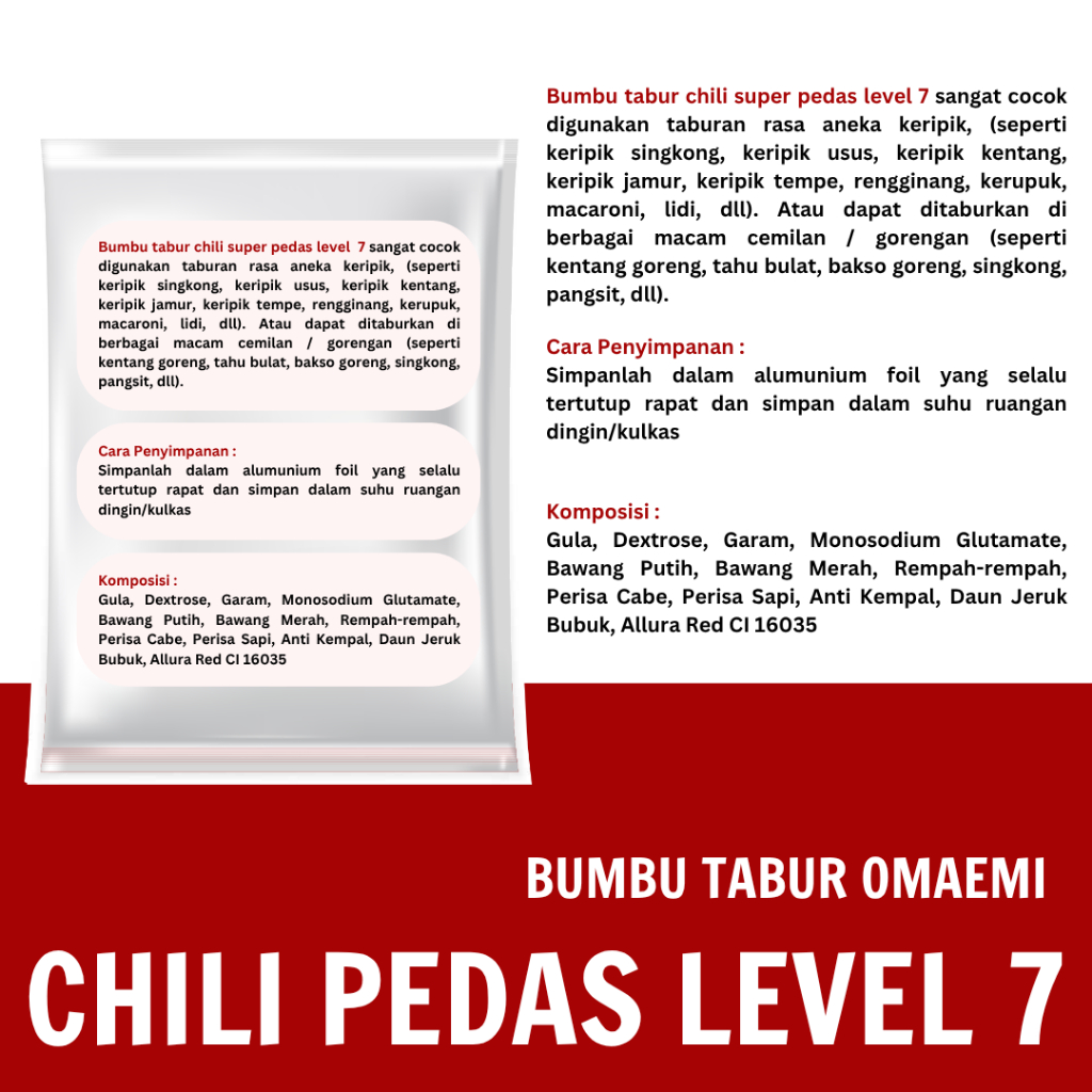 

BUMBU TABUR CABE / CHILI PEDAS LEVEL 7 1 KG