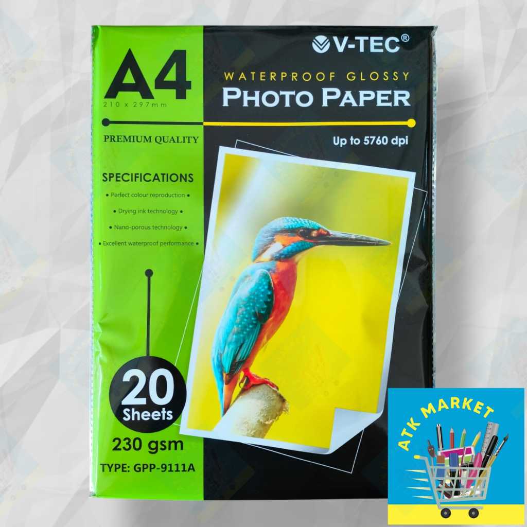 

(1pack = 20 LMBR) Glossy Photo Paper / Kertas Foto A4 230gr VTEC