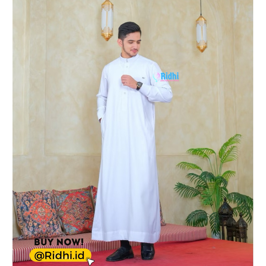 Baju Muslim Putih Jubah Gamis AL Haramain / Gamis Pria Dewasa Bordir Premium Manset (26) Koko Sholat