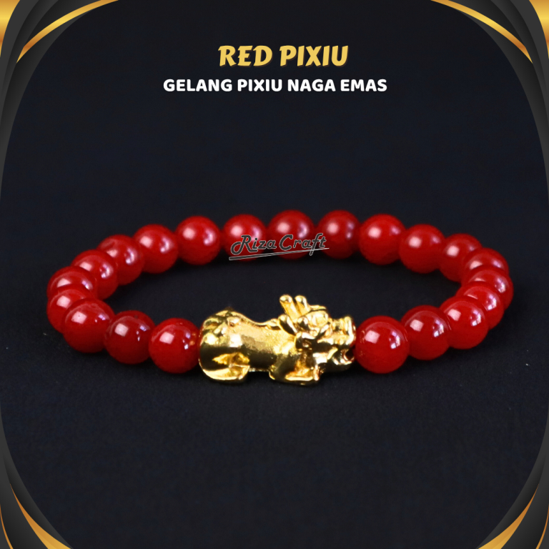 Gelang Pria Wanita Pixiu Merah Emas ASLI Batu Kristal Alam Agate Garnet Aesthetic Keren Original by 