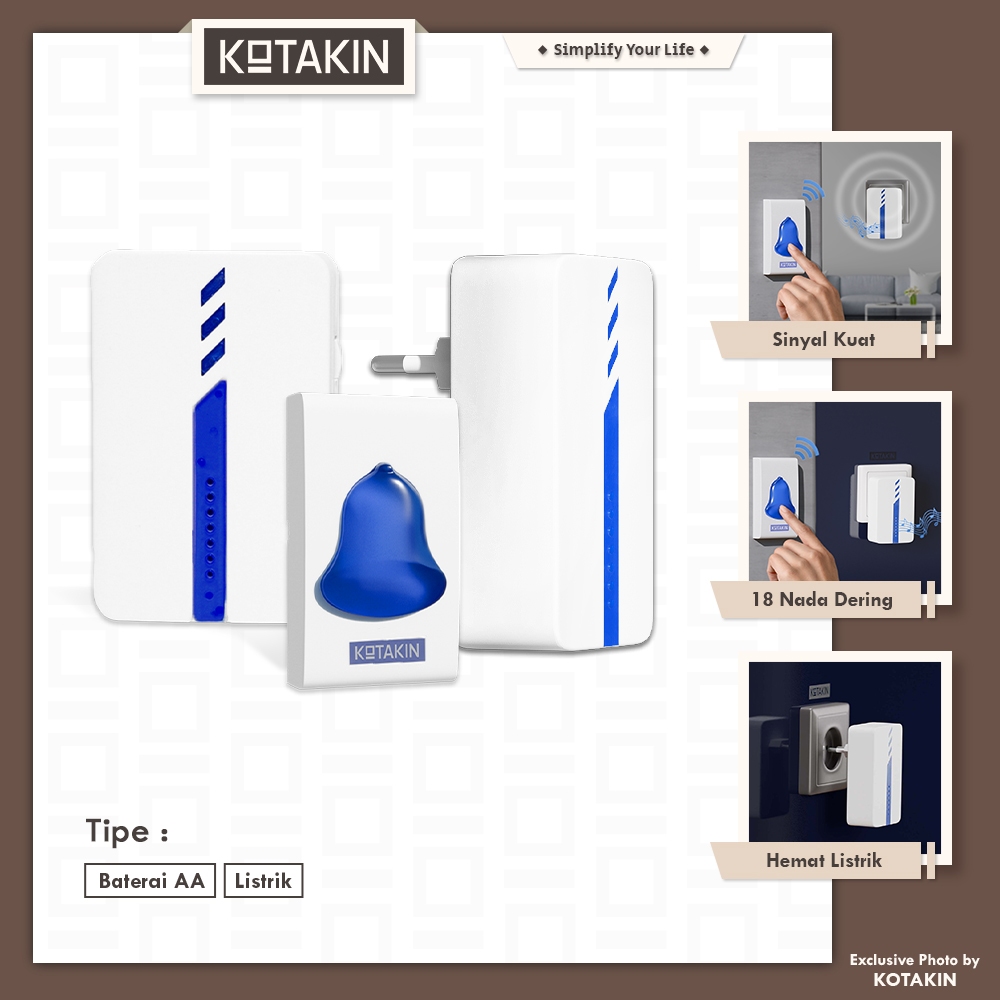 KOTAKIN Bel Pintu Rumah Tanpa Kabel Wireless Bel Toko Pakai Baterai Anti Air Bel Outdoor Listrik Mer