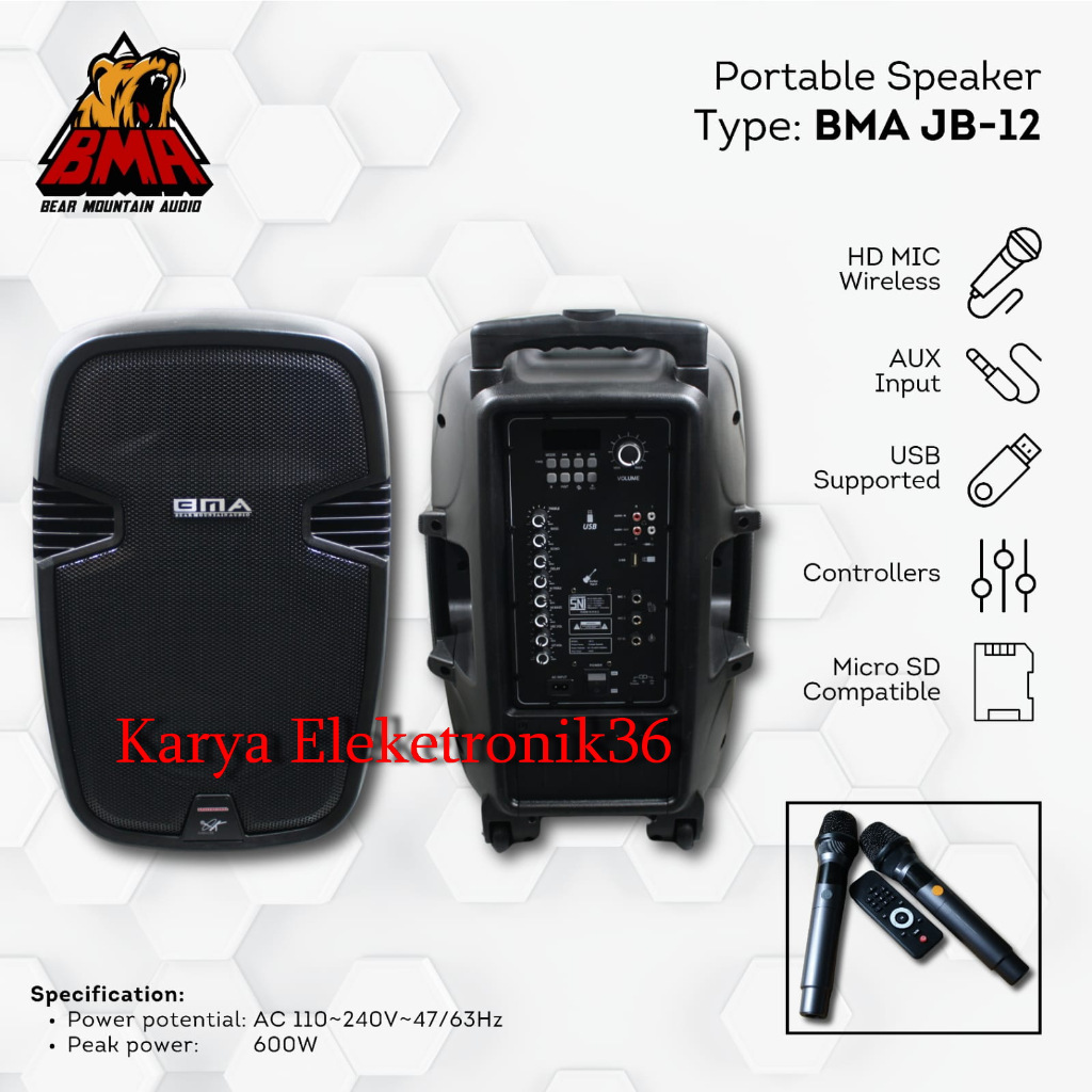 Speaker Portable 12 inch BMA JB12 / JB 12 Portable Speaker Include 2 Mic jb-12 Original