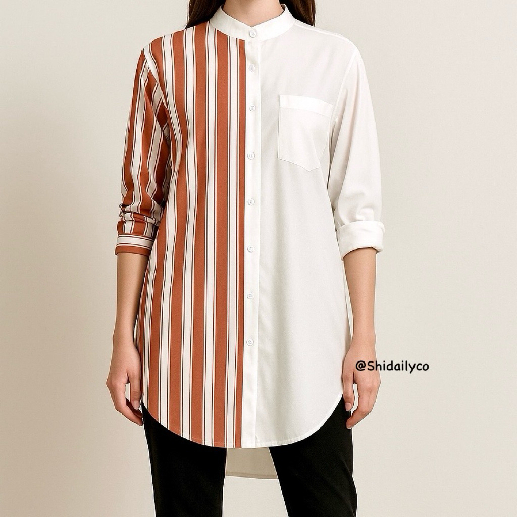 Kemeja Atasan Wanita Cewek Lengan Panjang Kotak Korea Salur Garis Kerja Casual Putih Kantor Formal