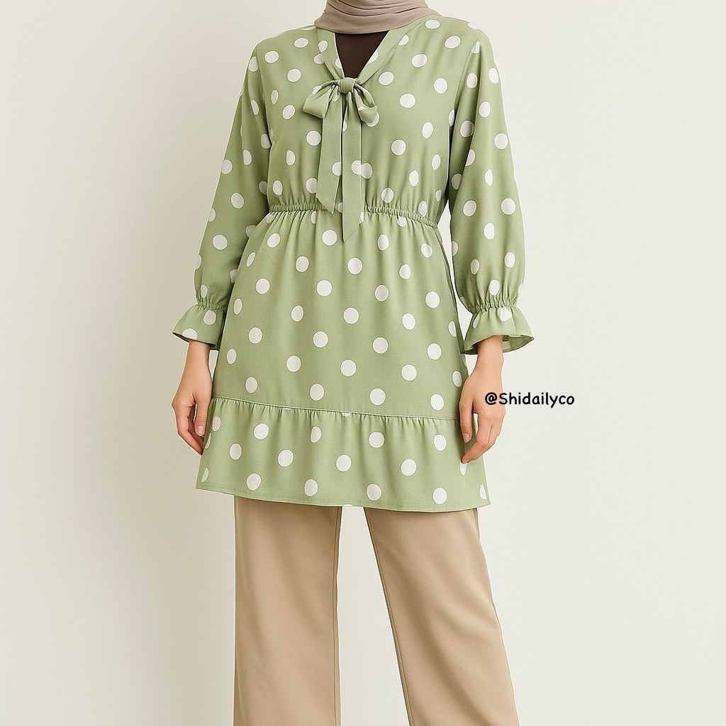 Blouse Tunik Baju Atasan Wanita Lengan Panjang Casual Korean Import Polkadot Pantai Terbaru Katun