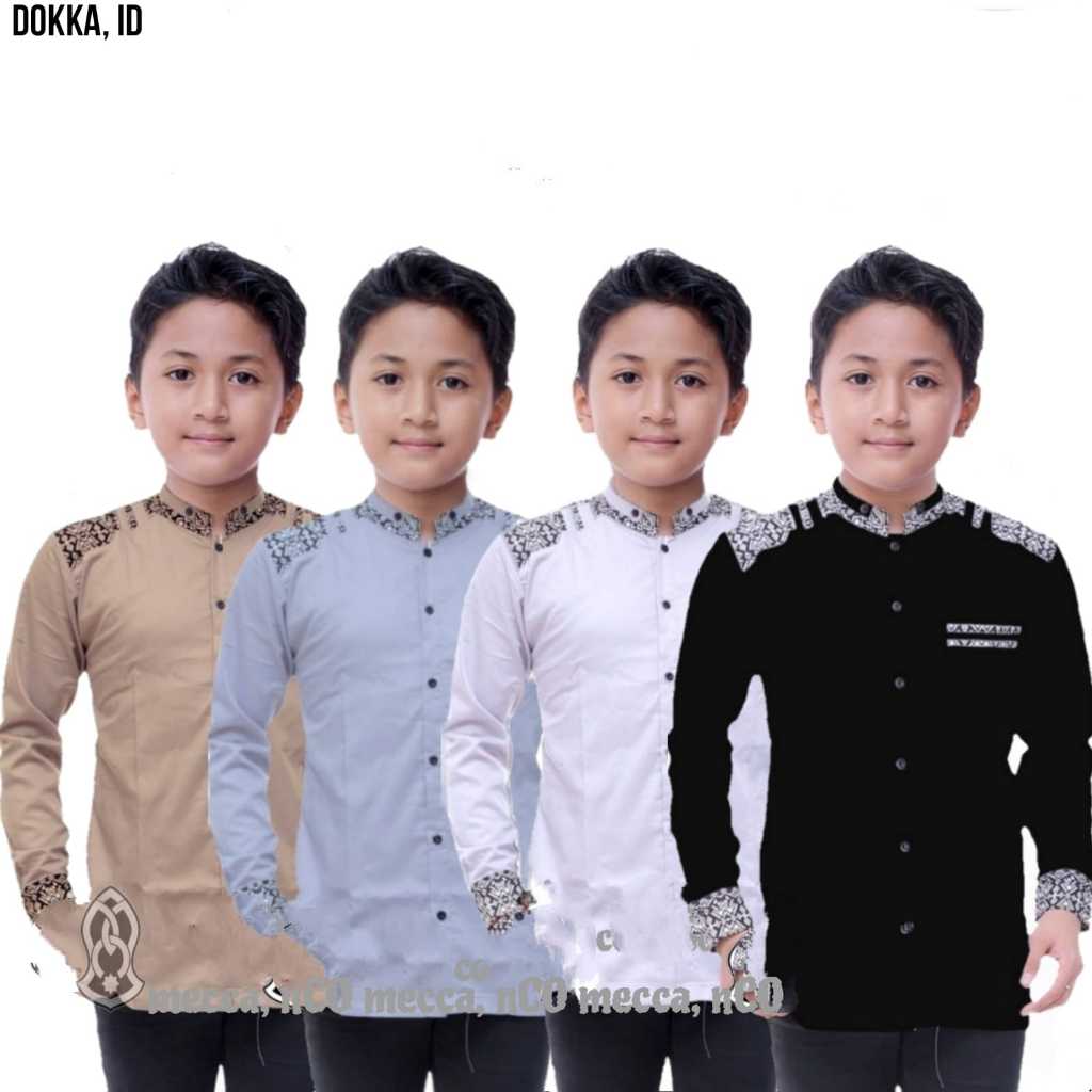 DOKKA,ID Baju Koko Anak Laki-Laki Lengan Panjang Baju Koko Kombinasi Batik Baju Koko Putih Bisa COD