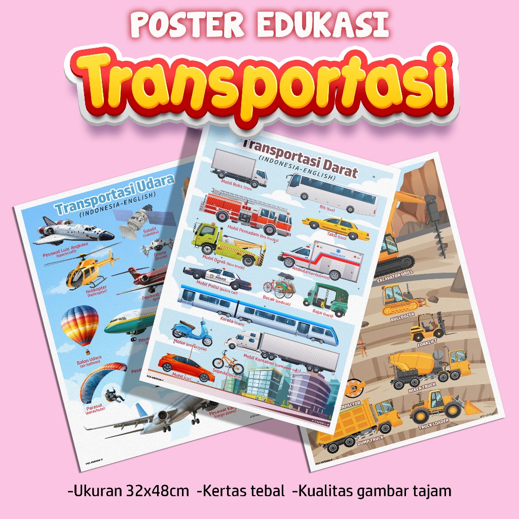 Poster Edukasi TRANSPORTASI - Poster kendaraan darat, trasnportasi laut, alat berat