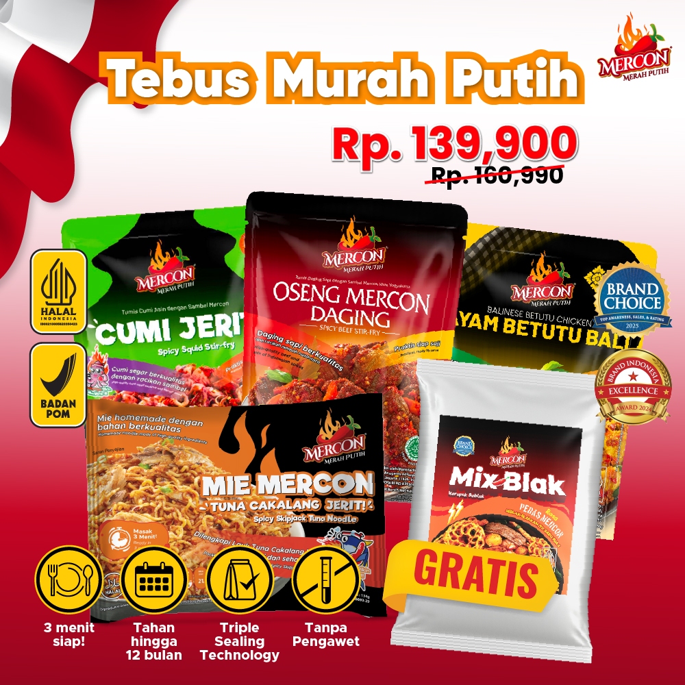 

[Beli 5 Bayar 4] Mercon Merah Putih - TEBUS MURAH PUTIH - 1 Oseng Mercon Daging + 1 Cumi Jerit + 1 Ayam Betutu + 1 Mie Mercon Cakalang - Gratis Snack Mixblak 120gr