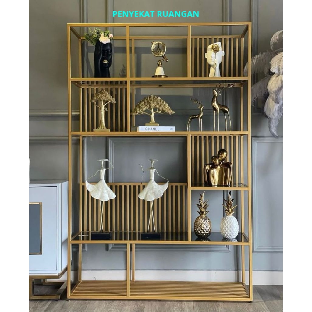 Penyekat Pembatas Ruangan Rak multifungsi Serbaguna Pajangan Hiasan Top table Kaca Hitam