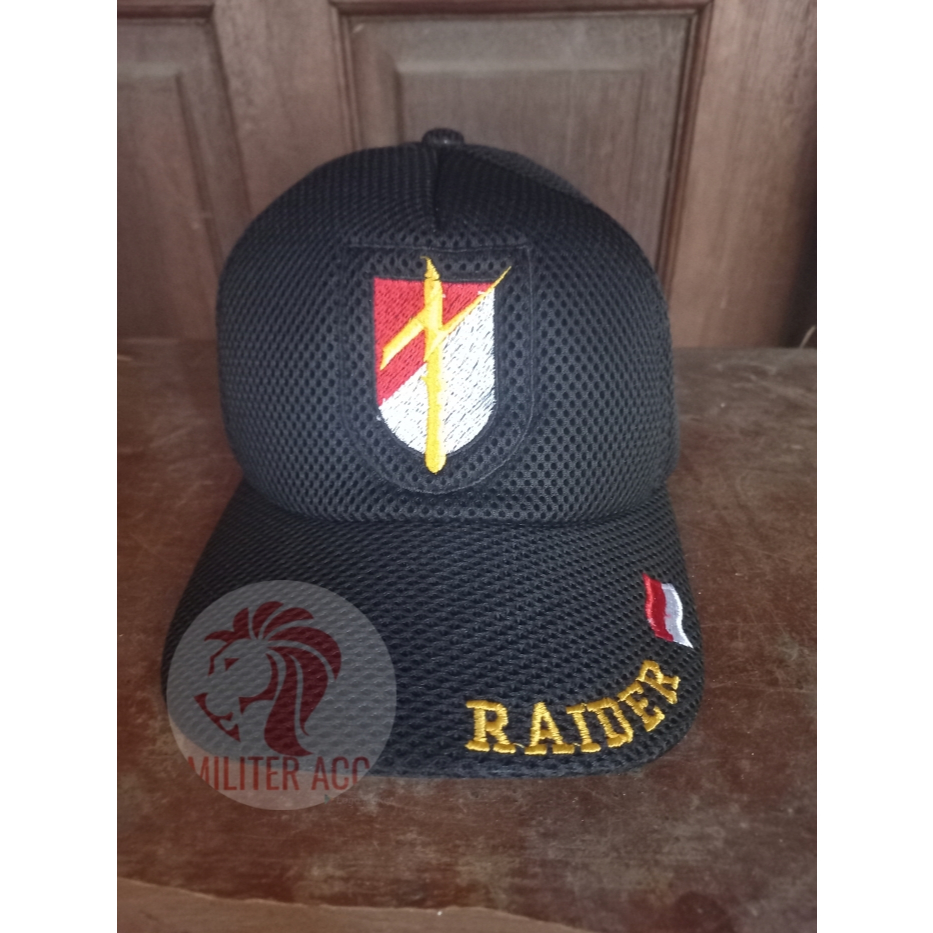Topi Raider Topi Lapangan Dobelmesh / Jaring Logo Bordir Hitam TNI
