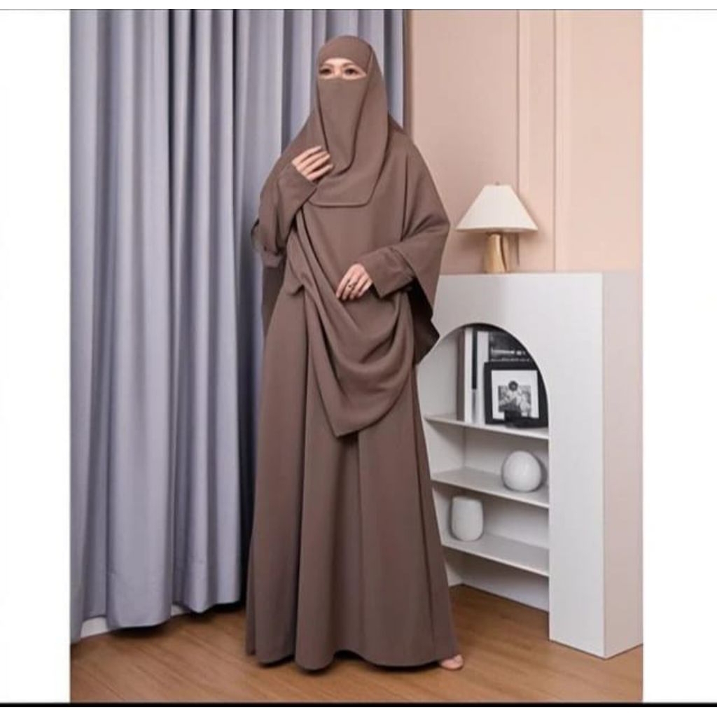 Gamis Set Syari Jumbo – Abaya, Khimar, Cadar & Bandana (Free Niqab) | Bahan Crinkle Airflow Premium