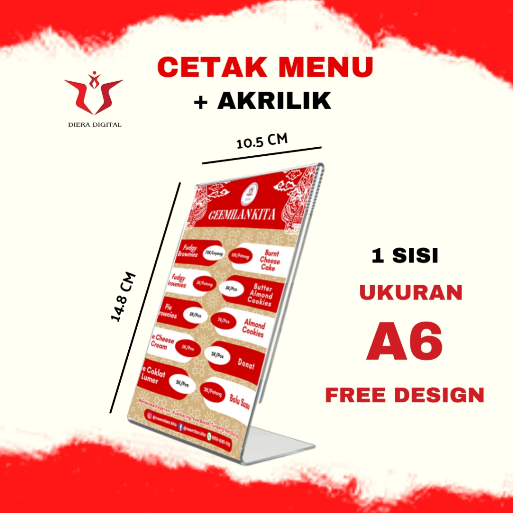 

CETAK MENU MAKANAN MINUMAN + Akrilik A6 Type L ( bisa request selain Menu (DieraDigital)
